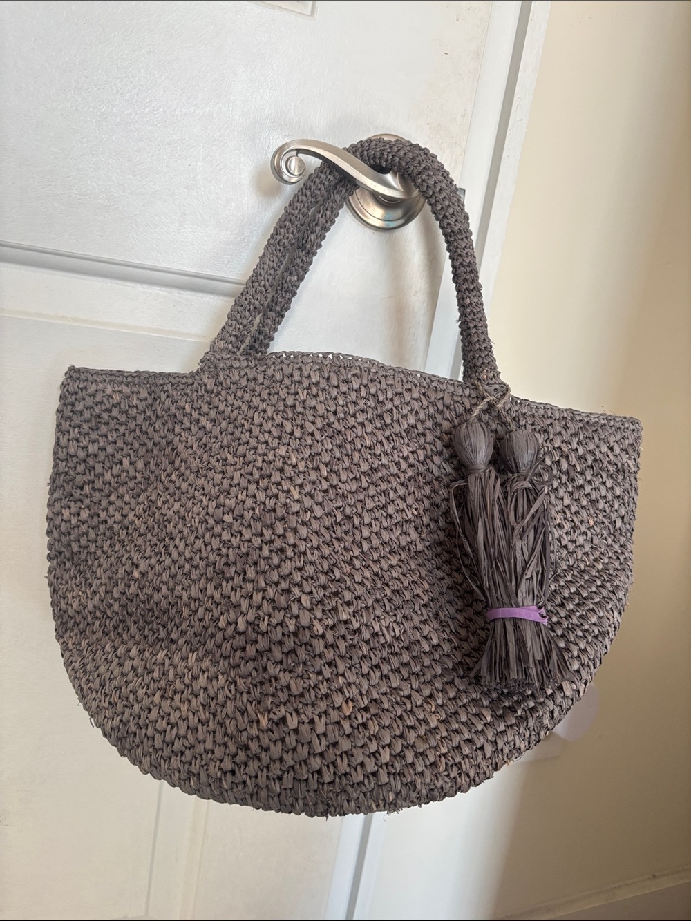 NWT Mar Y Sol Half Moon Raffia Tote Bag, Gray